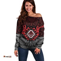 Aotearoa Kiwi Taniko Off Shoulder Sweater Silver Fern With Maori Koru Pattern LT14