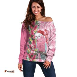 Australia Pink Galah Christmas Off Shoulder Sweater Falalalala Galalah Bottlebrush Aboriginal Art LT14