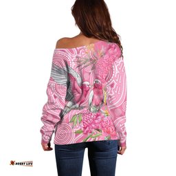 Australia Pink Galah Off Shoulder Sweater Rose-breasted Cockatoo Waratah Indigenous Art LT14