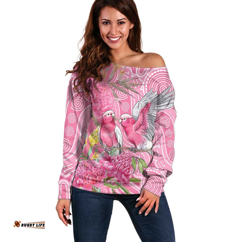 Australia Pink Galah Off Shoulder Sweater Rose-breasted Cockatoo Waratah Indigenous Art LT14