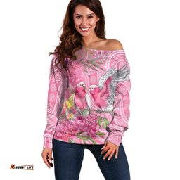 Australia Pink Galah Off Shoulder Sweater Rose-breasted Cockatoo Waratah Indigenous Art LT14