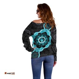 Australia Ovarian Cancer Awareness Off Shoulder Sweater Brave Strong Teal Ribbon Aboriginal Art LT14