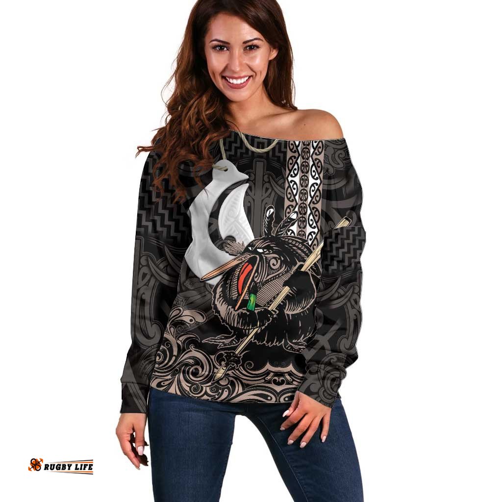 Aotearoa Hei Matau Off Shoulder Sweater Haka Kiwi Mix Maori Mangopare LT14