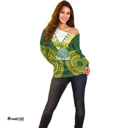 Custom Avaiki Cook Islands Rugby Off Shoulder Sweater Kuki Airani Tatau Green LT14