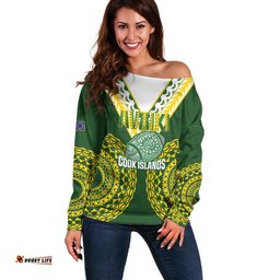 Custom Avaiki Cook Islands Rugby Off Shoulder Sweater Kuki Airani Tatau Green LT14