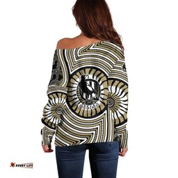 Collingwood Football Club Off Shoulder Sweater Indigenous Monochrome Dot Art Mascot Style TS04