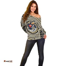 Collingwood Football Club Off Shoulder Sweater Indigenous Monochrome Dot Art Mascot Style TS04