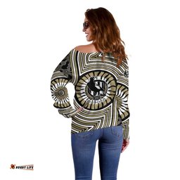 Collingwood Football Club Off Shoulder Sweater Indigenous Monochrome Dot Art Mascot Style TS04