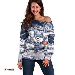 Custom Geelong Navy Off Shoulder Sweater Playful Cat Kicking Ball DT05