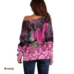 Australia Indigenous Off Shoulder Sweater Breast Cancer Pink Robin Bottlebrush Aboriginal Art LT14