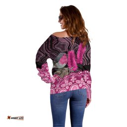 Australia Indigenous Off Shoulder Sweater Breast Cancer Pink Robin Bottlebrush Aboriginal Art LT14