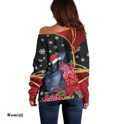 Australia Palm Cockatoo Christmas Off Shoulder Sweater Probosciger Aterrimus Waratah Merry Chrissie LT14