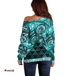 Matariki New Zealand Off Shoulder Sweater NZ Niho Taniwha Maori New Year Cyan Galaxy LT14