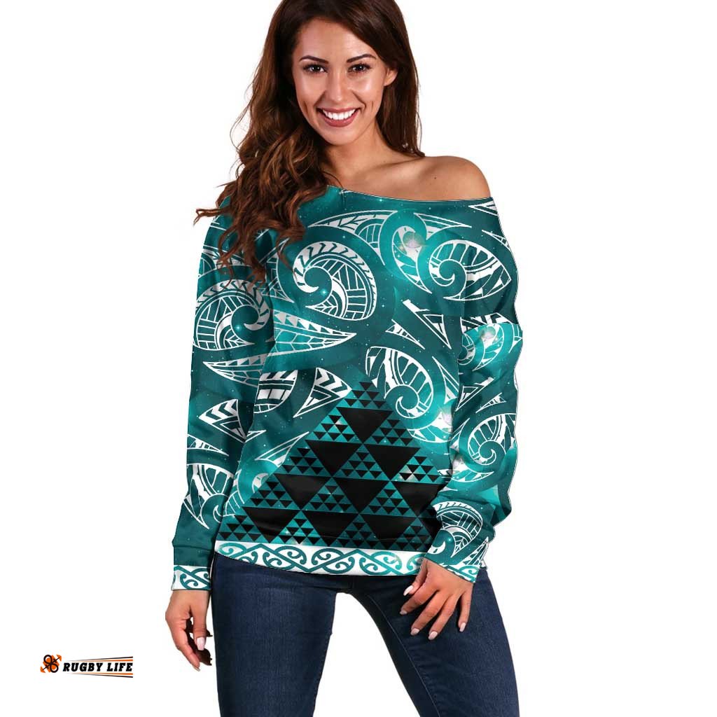 Matariki New Zealand Off Shoulder Sweater NZ Niho Taniwha Maori New Year Cyan Galaxy LT14