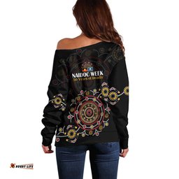 NAIDOC Deadly 50 Years Off Shoulder Sweater Aboriginal Black Gold Boomerang Art LT9