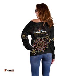 NAIDOC Deadly 50 Years Off Shoulder Sweater Aboriginal Black Gold Boomerang Art LT9