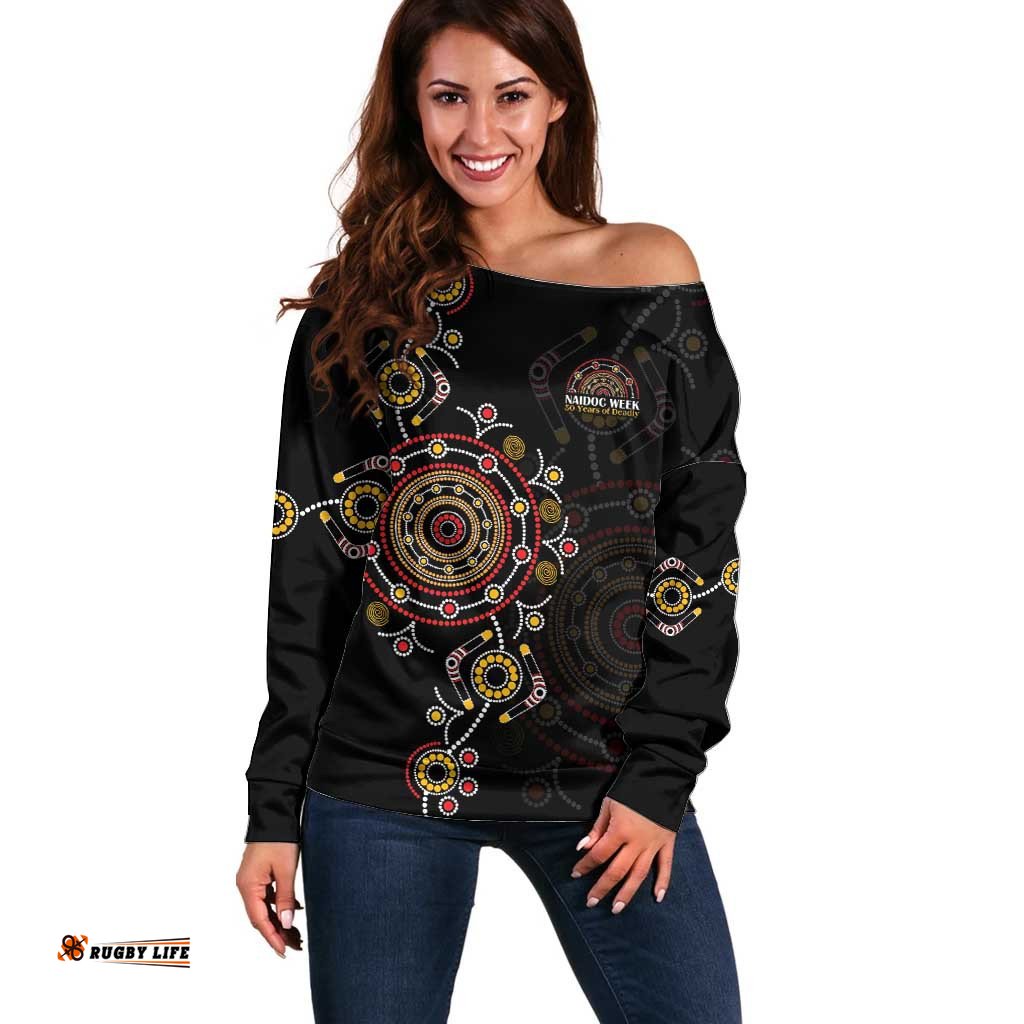 NAIDOC Deadly 50 Years Off Shoulder Sweater Aboriginal Black Gold Boomerang Art LT9