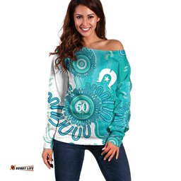 NAIDOC Week 2026 Off Shoulder Sweater 50 Years Deadly Dhari Cyan Aboriginal Art LT14