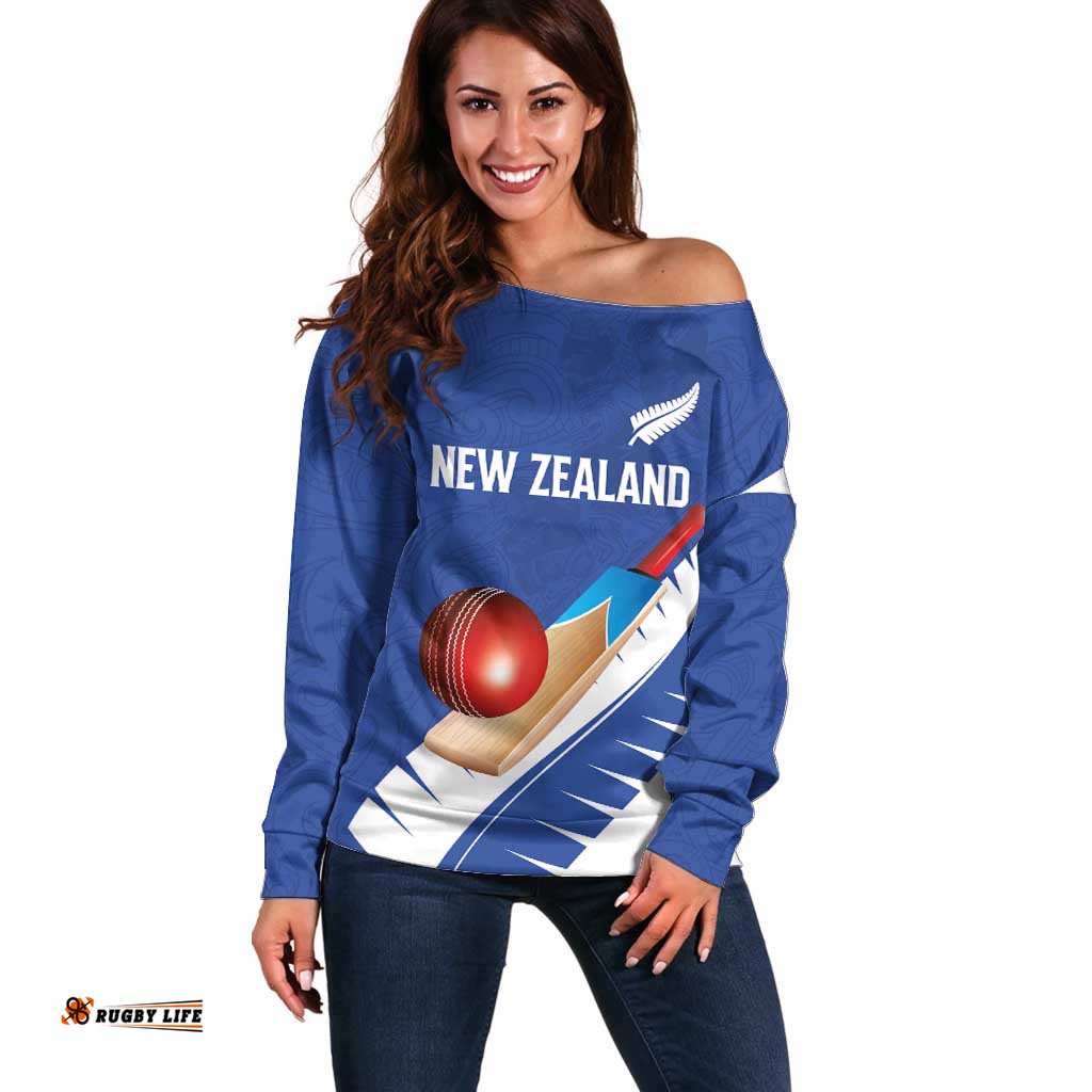 Custom New Zealand Cricket Off Shoulder Sweater Kiwi Birds Haka Dance Blue Fern Sporty Style LT03