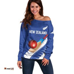 Custom New Zealand Cricket Off Shoulder Sweater Kiwi Birds Haka Dance Blue Fern Sporty Style LT03