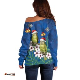 New Zealand Kakapo Christmas Off Shoulder Sweater Owl Parrot Santa Sliver Fern Manuka - Blue LT14