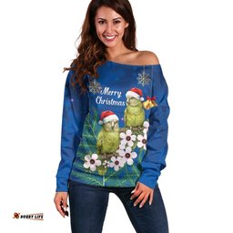 New Zealand Kakapo Christmas Off Shoulder Sweater Owl Parrot Santa Sliver Fern Manuka - Blue LT14