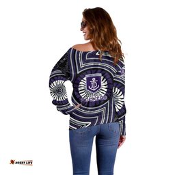 Fremantle Dockers Off Shoulder Sweater Indigenous Monochrome Dot Art Mascot Style TS04