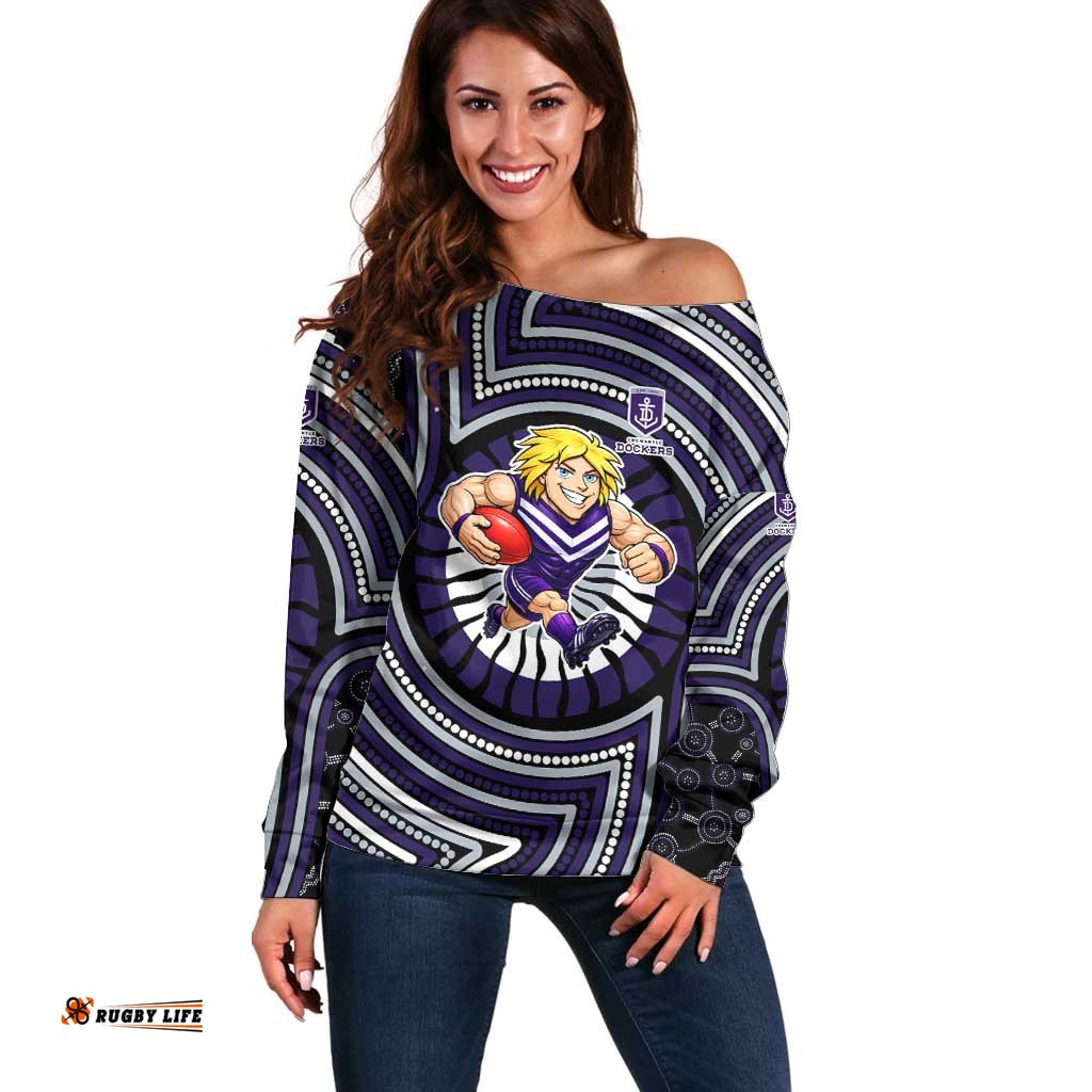 Fremantle Dockers Off Shoulder Sweater Indigenous Monochrome Dot Art Mascot Style TS04