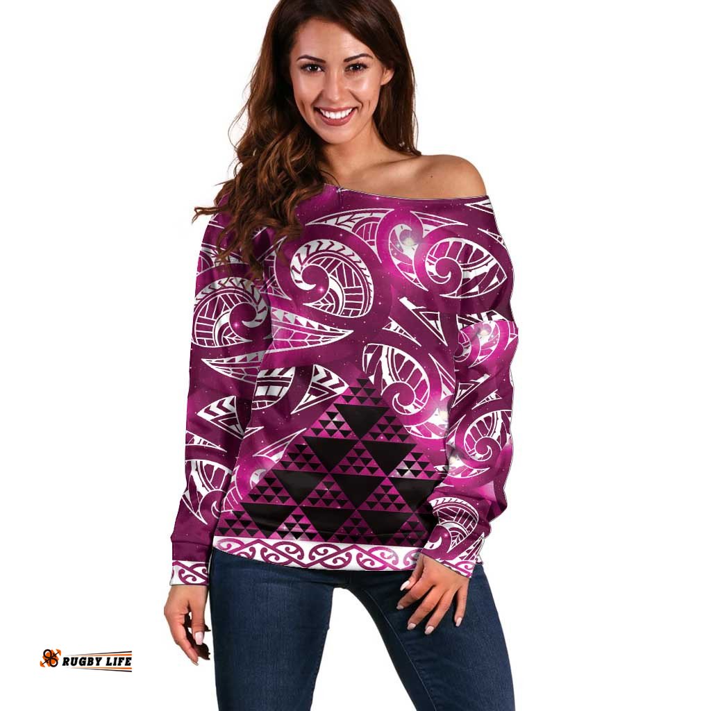 Matariki New Zealand Off Shoulder Sweater NZ Niho Taniwha Maori New Year Pink Galaxy LT14