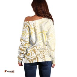 Gold And White Aoteara Horse Racing Off Shoulder Sweater NZ Maori Pattern LT14