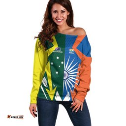 India vs Australia Custom Off Shoulder Sweater Blue vs Gold Cricket Heritage LT9
