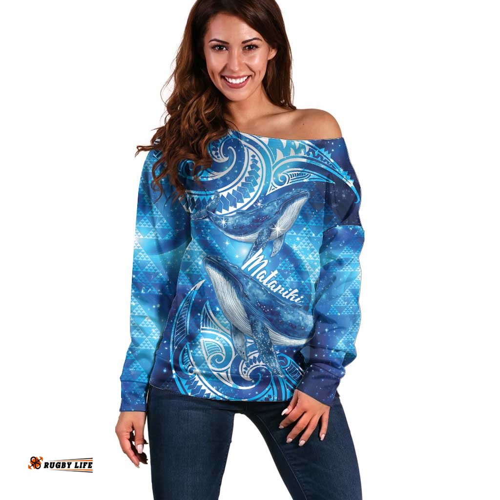 New Zealand Humpback Whale Matariki Off Shoulder Sweater Maori New Year Taniko Niho Taniwha LT14