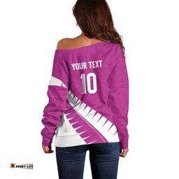 Custom New Zealand Cricket Off Shoulder Sweater Kiwi Birds Haka Dance Pink Fern Sporty Style LT03
