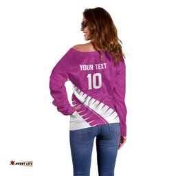 Custom New Zealand Cricket Off Shoulder Sweater Kiwi Birds Haka Dance Pink Fern Sporty Style LT03