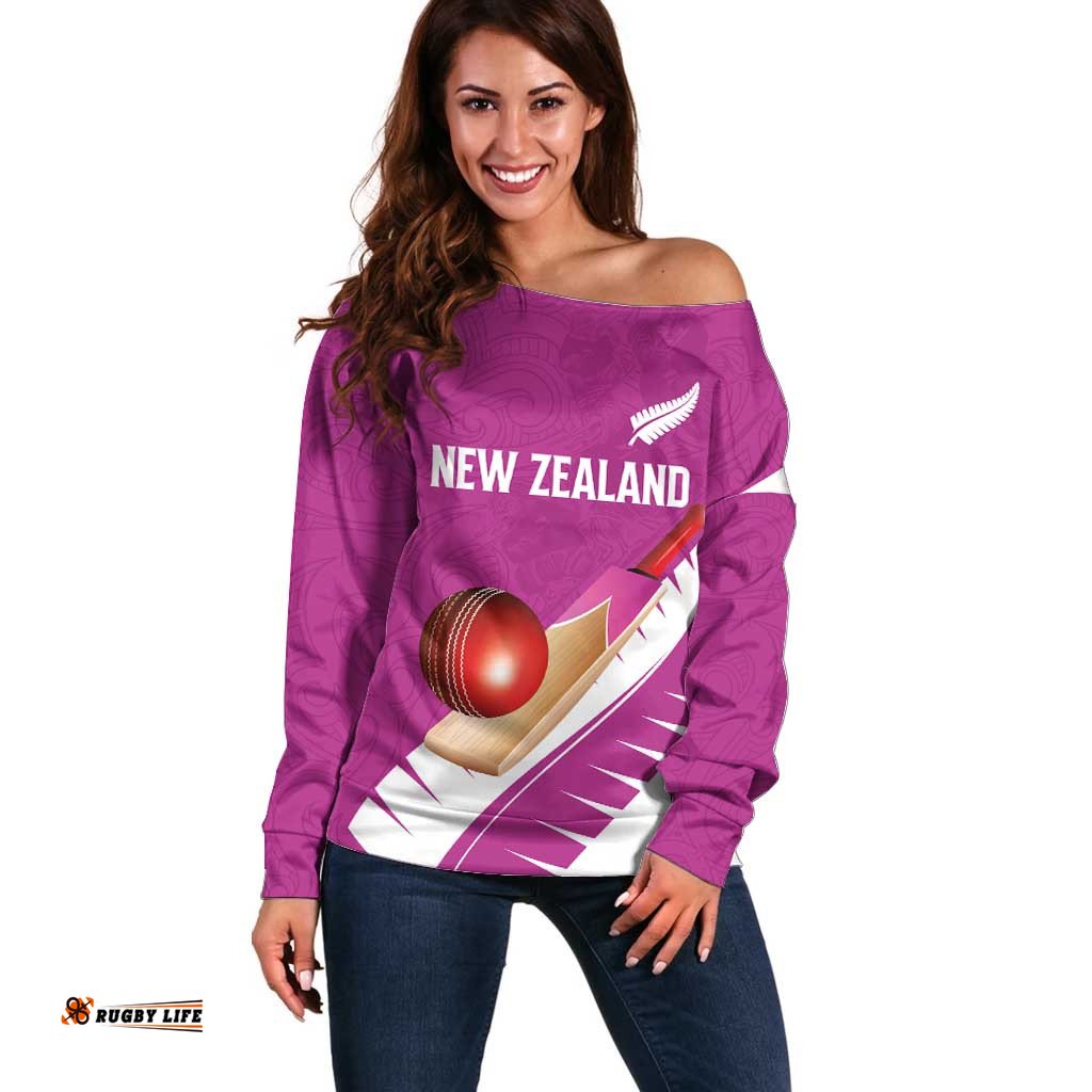 Custom New Zealand Cricket Off Shoulder Sweater Kiwi Birds Haka Dance Pink Fern Sporty Style LT03