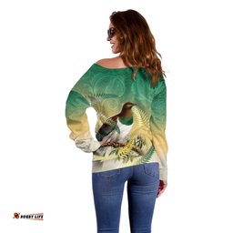New Zealand Pigeon Kereru Off Shoulder Sweater Maori Fern Art Green Gradient LT05