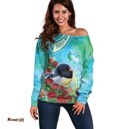 New Zealand Tomtit Off Shoulder Sweater Maori Koru With Pohutukawa Galaxy Style LT05