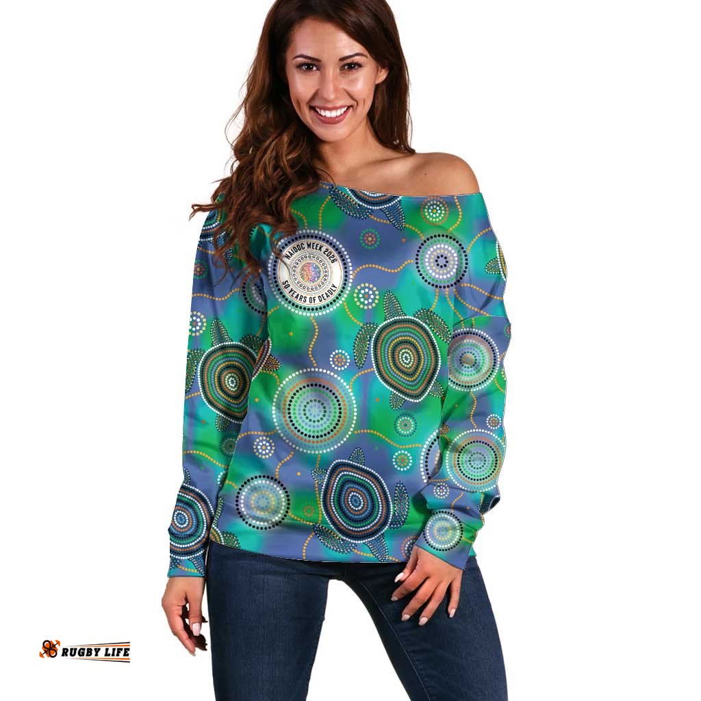 NAIDOC 50 Years of Deadly Off Shoulder Sweater Sea Turtle Aboriginal Dot Art LT19