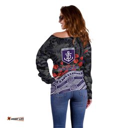 Fremantle Dockers ANZAC Day Off Shoulder Sweater Indigenous Dot Art with Poppy Flower Tribute TS04