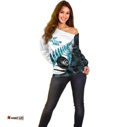 New Zealand Lawn Bowls Custom Off Shoulder Sweater Aotearoa Silver Fern Paua Shell LT14