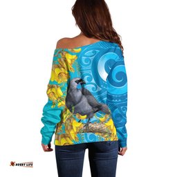 New Zealand Kokako Bird Off Shoulder Sweater Maori Koru With Kowhai Flowers LT05