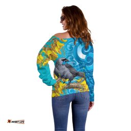 New Zealand Kokako Bird Off Shoulder Sweater Maori Koru With Kowhai Flowers LT05