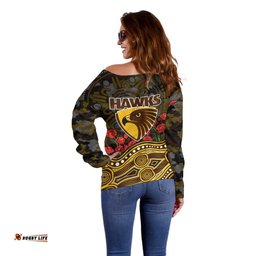 Hawthorn Hawks ANZAC Day Off Shoulder Sweater Indigenous Dot Art with Poppy Flower Tribute TS04