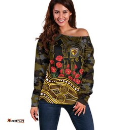 Hawthorn Hawks ANZAC Day Off Shoulder Sweater Indigenous Dot Art with Poppy Flower Tribute TS04