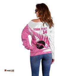 New Zealand Lawn Bowls Breast Cancer Custom Off Shoulder Sweater Aotearoa Maori Silver Fern Pink Ribbon LT14