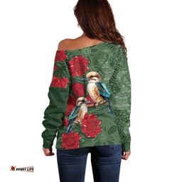 Kokaburra and Waratah Off Shoulder Sweater Aboriginal Art LT9