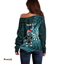Personalised New Zealand Darts Christmas Off Shoulder Sweater Maori Fern Merry Dartsmas LT14