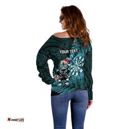 Personalised New Zealand Darts Christmas Off Shoulder Sweater Maori Fern Merry Dartsmas LT14