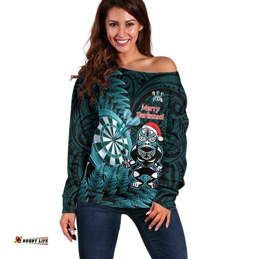 Personalised New Zealand Darts Christmas Off Shoulder Sweater Maori Fern Merry Dartsmas LT14