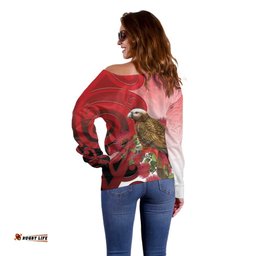 New Zealand Parrot Kaka Off Shoulder Sweater Maori Koru With Pohutukawa Flowers LT05